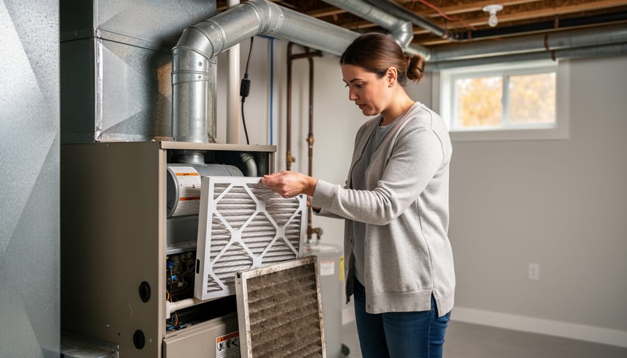 Close-up of a furnace filter being handled in a utility room before winter