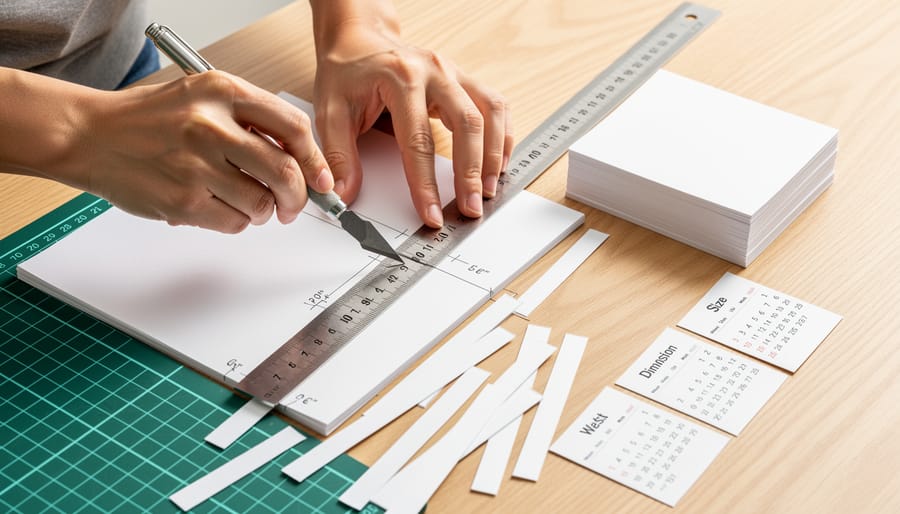 Close-up of hands using a paper cutter and ruler to prepare pages for a DIY desk calendar