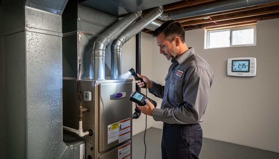 Furnace interior with a new air filter and a carbon monoxide detector on the wall