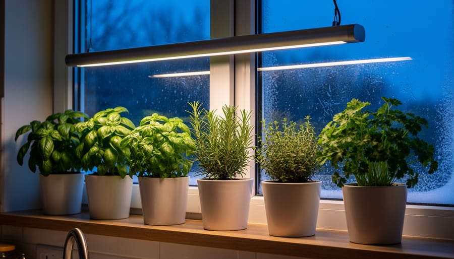 Indoor herb shelf under a compact grow light with several potted herbs growing below.