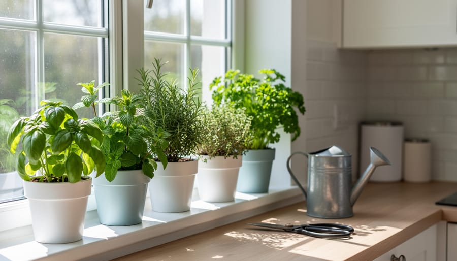 Several fresh herb pots on a kitchen windowsill, including basil, parsley, chives, and thyme.