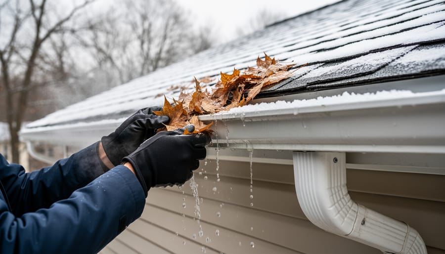 Gloved hands cleaning a gutter near a home exterior during autumn with a ladder in view