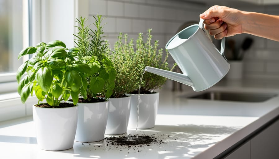 Close-up of hands watering potted kitchen herbs with a narrow-spout watering can.