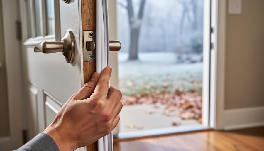 Gloved hands installing weatherstripping around a window or door frame to prevent drafts