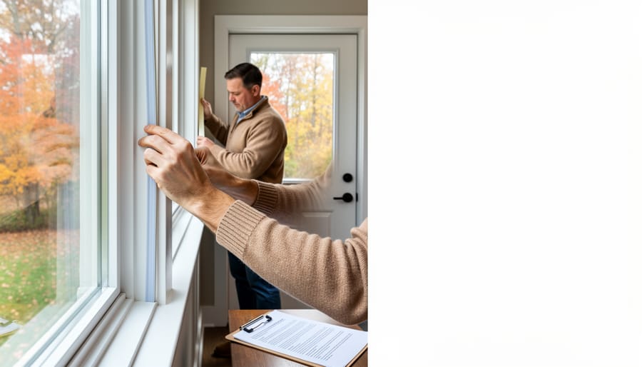 Hand sealing a gap around a window frame with weatherstripping and caulk