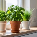 Green basil, parsley, and chives growing in potted plants on a sunny kitchen windowsill.